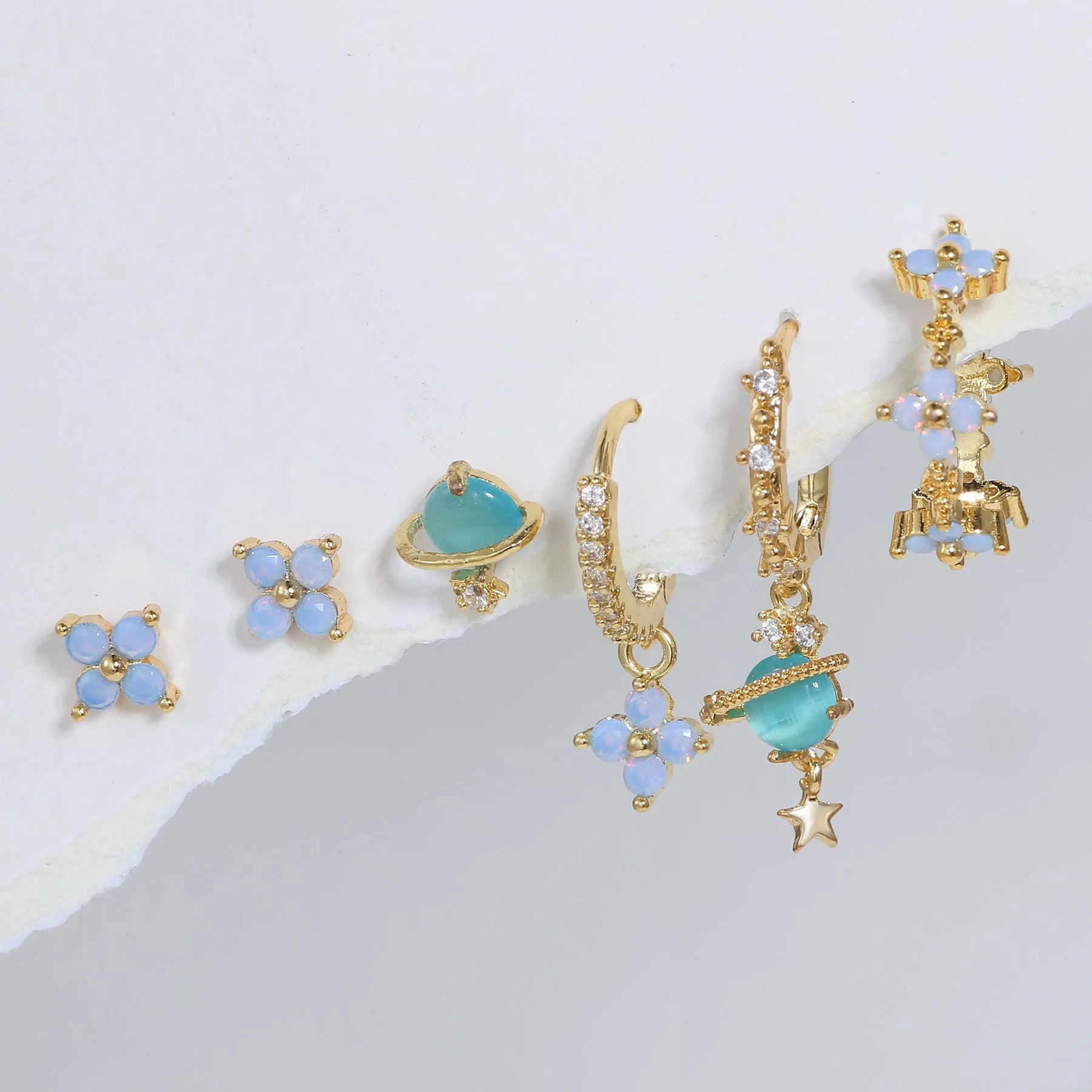 Japanese Korean style flower earrings with zircon mosaic on copper in gold and silver colours