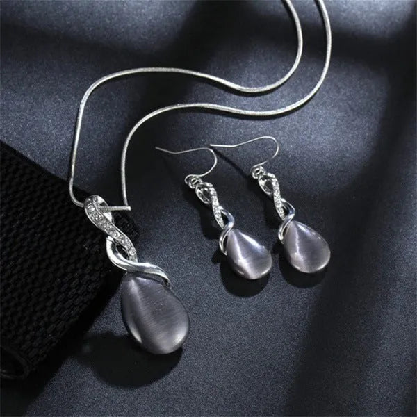 Fashion opal and cubic zirconia jewellery set with water drop pendant necklace and matching drop earrings