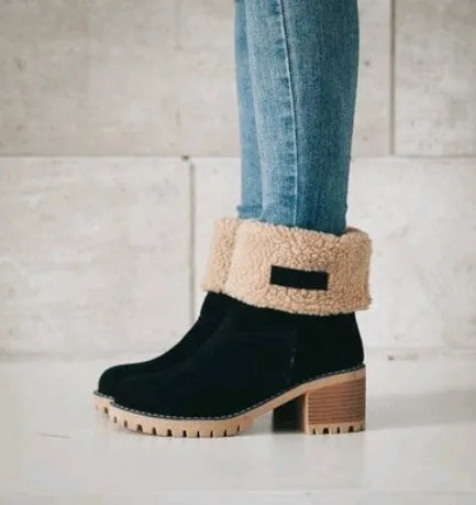 Women's mid-calf suede snow boots with a low flat heel and round toe, shown in available colours.