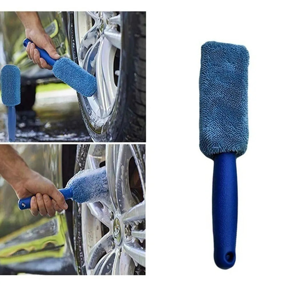 Microfiber long handle tire brush with blue head, 27 x 5 cm, for car wheel cleaning