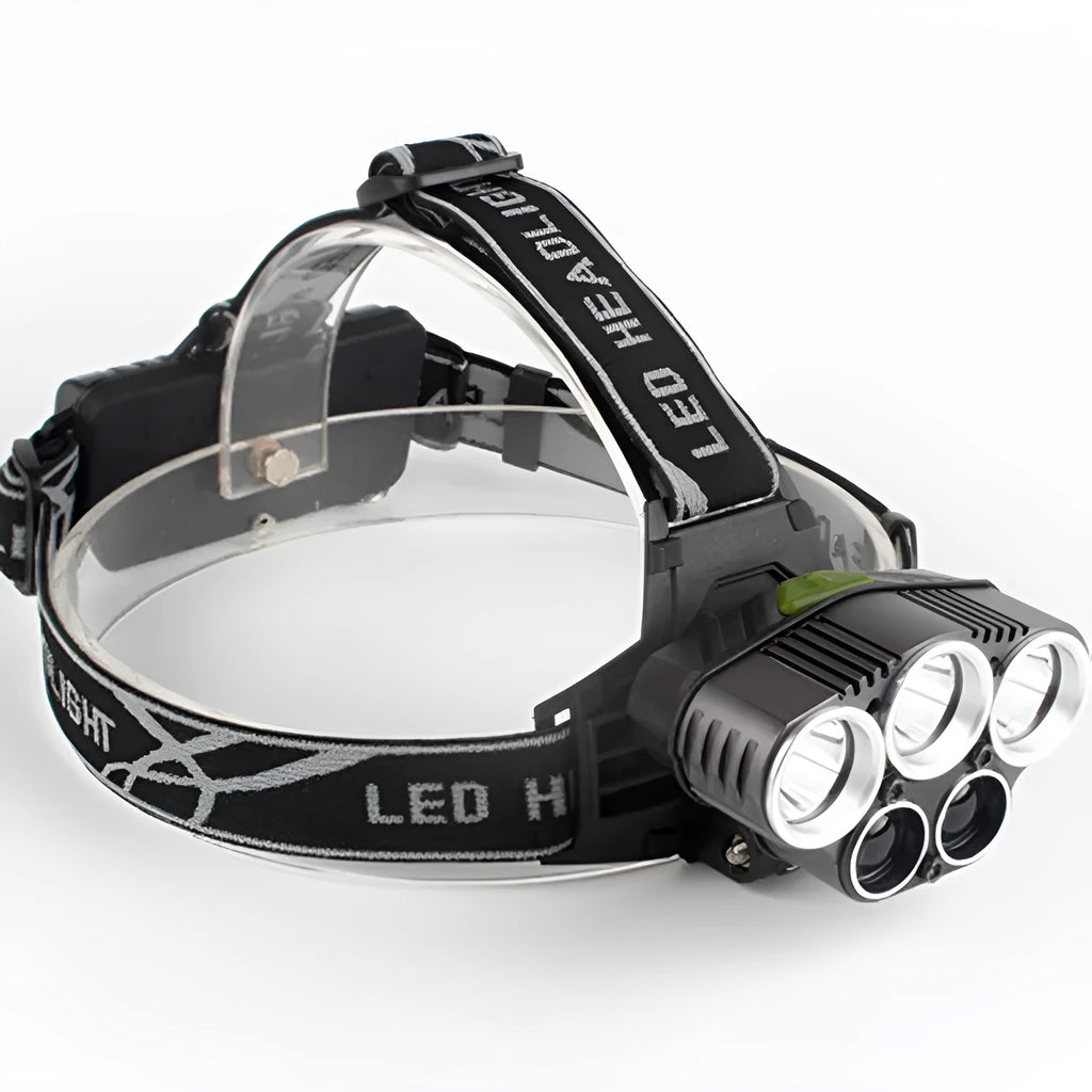 Head-mounted LED torch showing forward-facing light with head strap