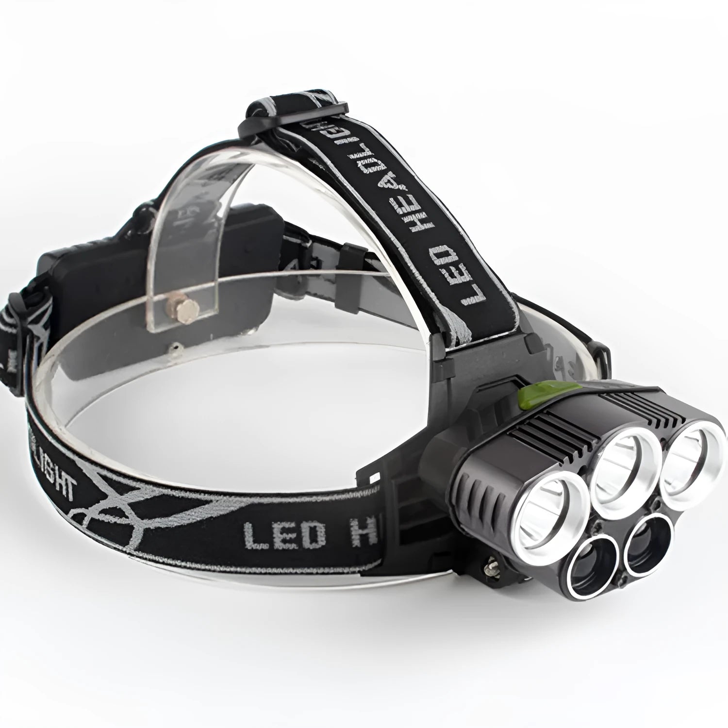 Head-mounted LED torch showing forward-facing light with head strap