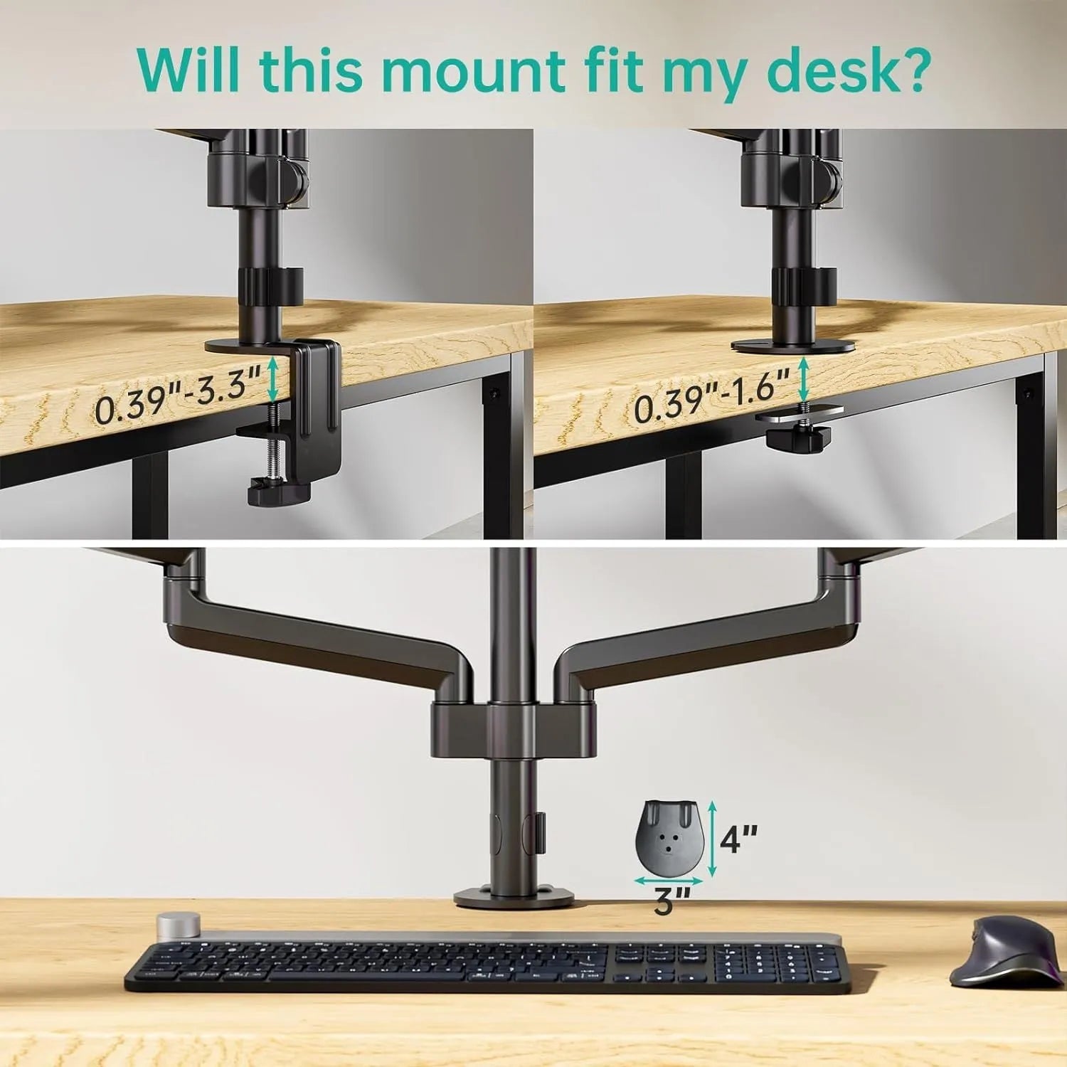 Black aluminium gas spring monitor arm holding 27-inch screen with three-arm construction