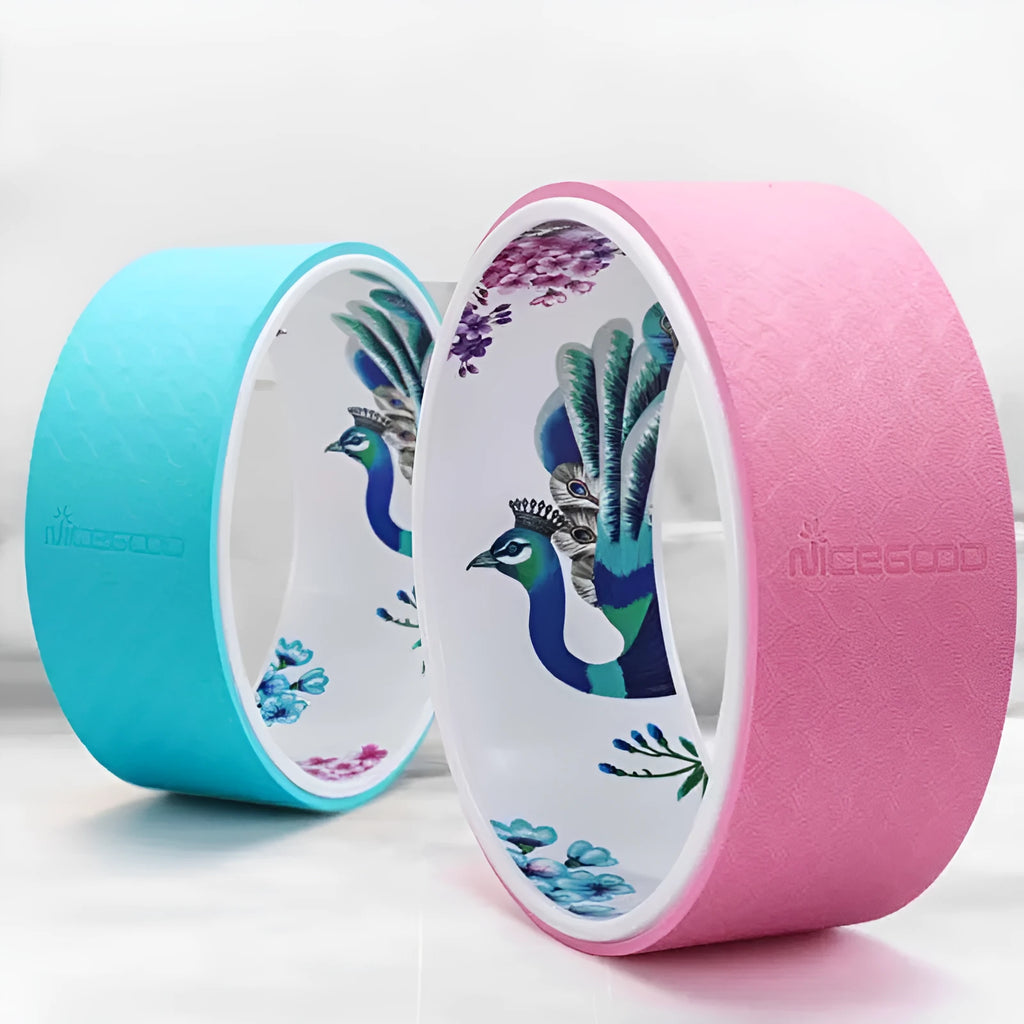 Pink pilates ring with TPE outer and ABS inner, 33cm diameter, on a light background