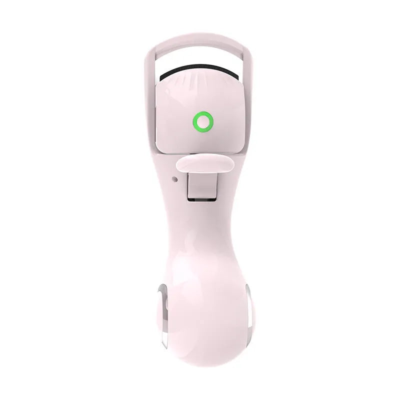 Electric eyelash curler with three-speed temperature control, plastic body and silicone pad, USB charging, available in pink or white