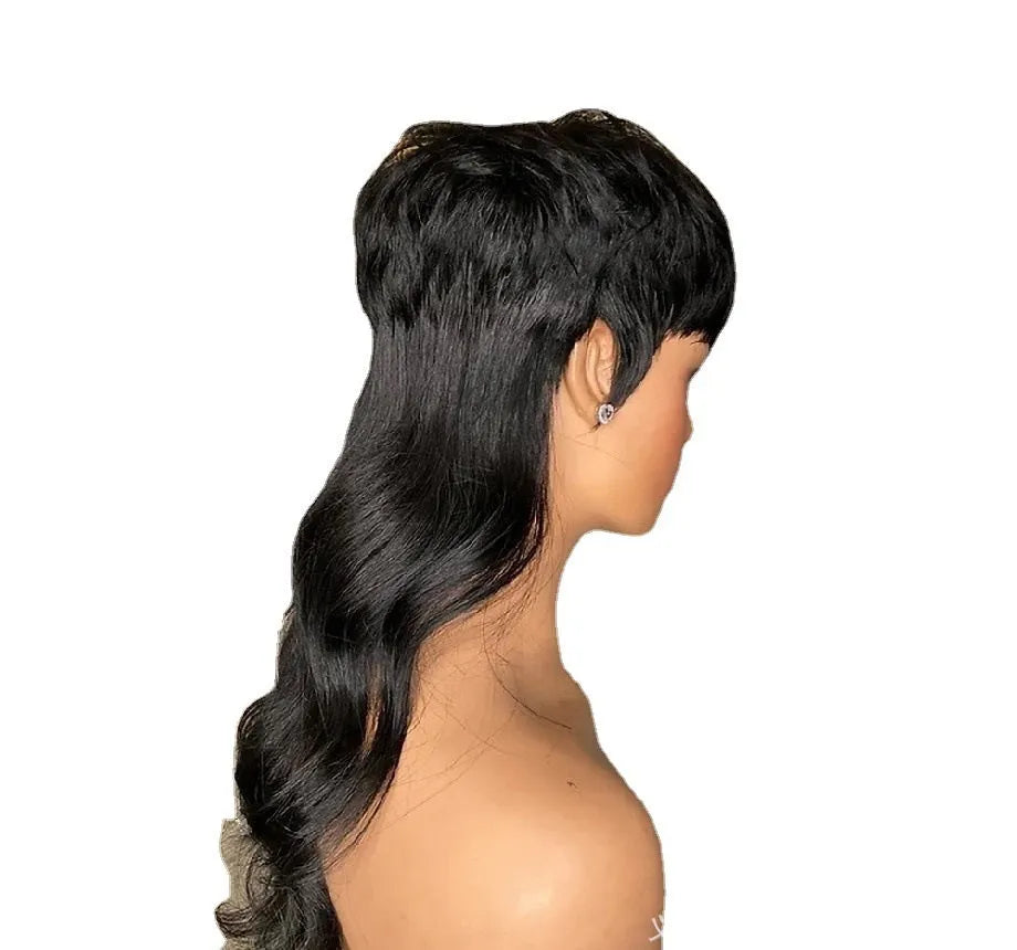 Black Brazilian wig with front bangs and short front long back hairstyle on display