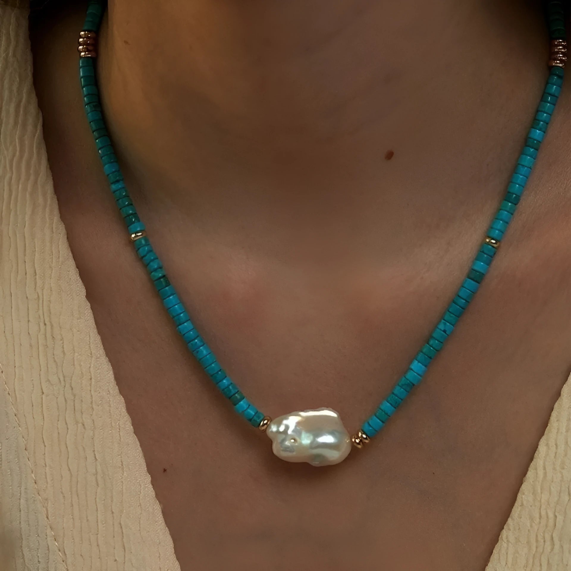 Natural baroque pearl and turquoise necklace with handmade finish