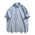 Blue striped short-sleeved overalls shirt for men and women in casual cardigan style