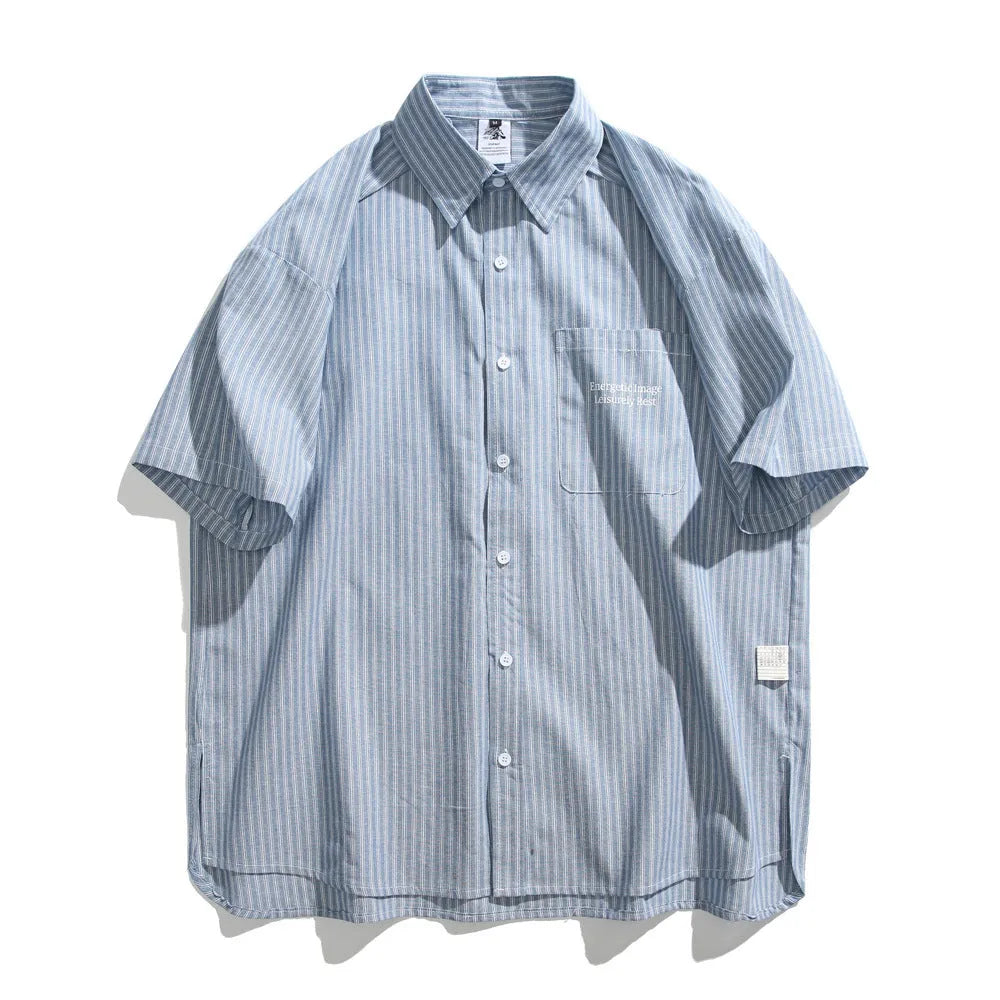 Blue striped short-sleeved overalls shirt for men and women in casual cardigan style