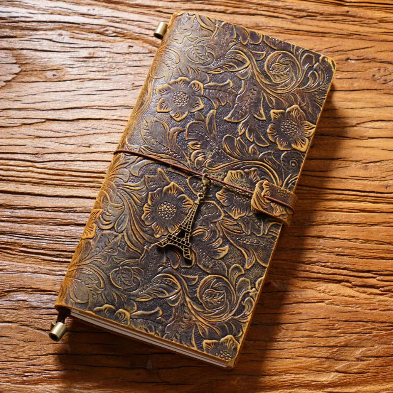 Creative vintage engraving cowhide travel notepad in black A5 size with genuine leather cover