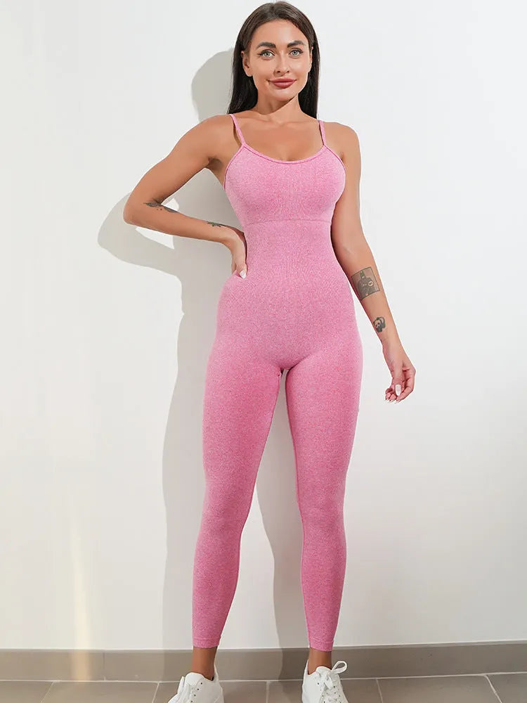 Women's black unitard jumpsuit with spaghetti straps and backless design for tummy control.
