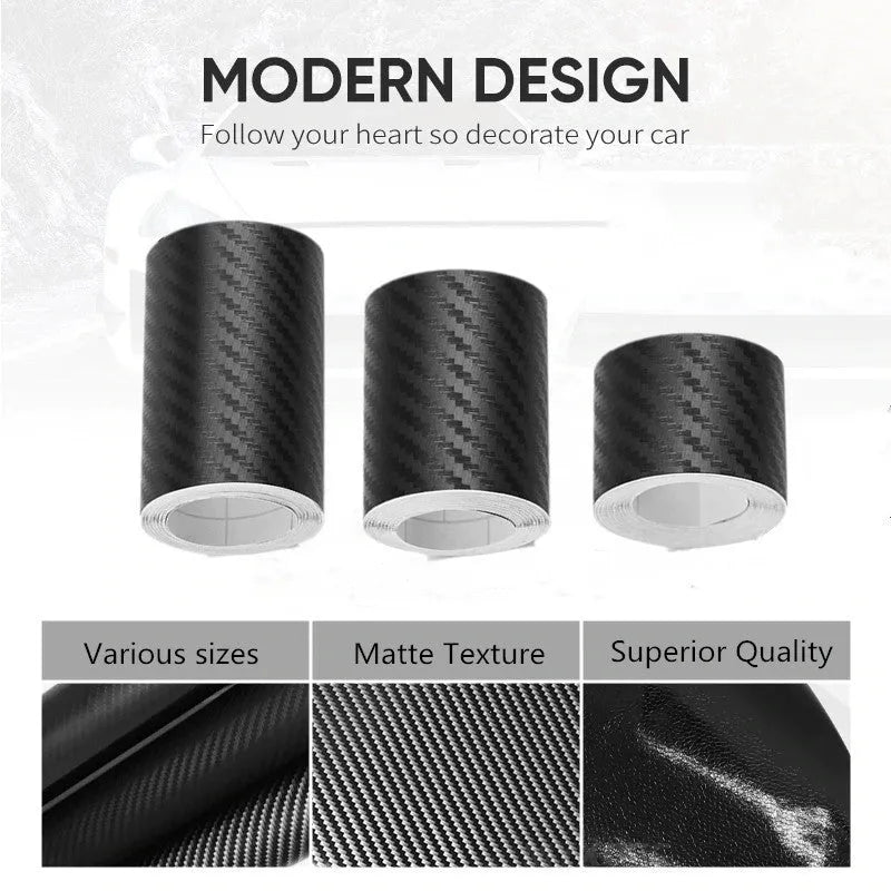 Matte carbon fibre roll bumper sticker for car door sill protection in various widths.