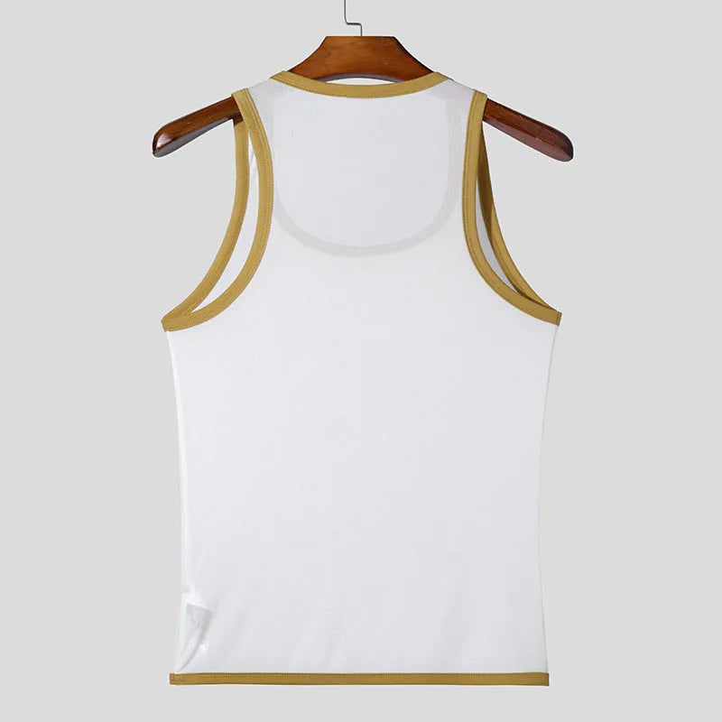 Men's tight-fitting black mesh vest with straight hem for sports and casual wear