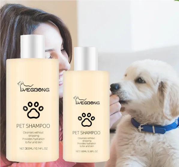 Bottle of mild pet shampoo for dogs in 100ml or 300ml size for gentle cleaning and detangling