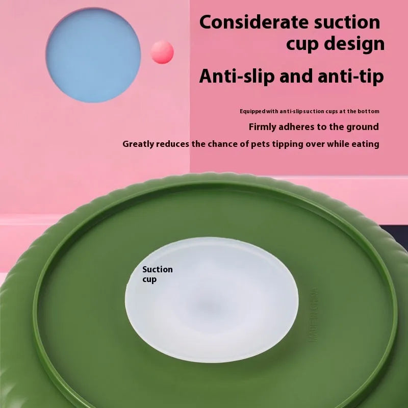 Pet slow feeder bowl with rotating game board and removable silicone licking mat in blue.