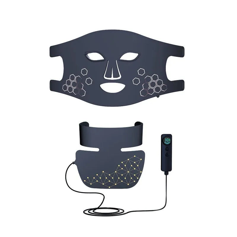 Black LED photon therapy face mask with neck treatment capability and adjustable settings