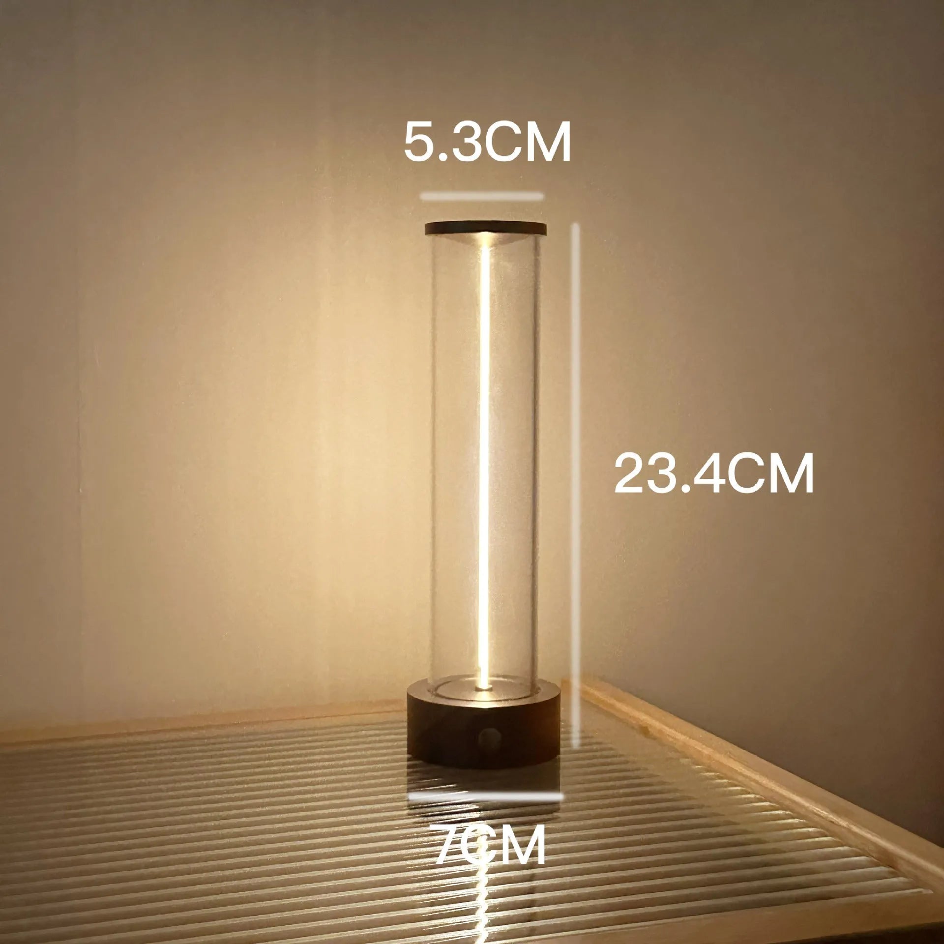 Modern glass LED light strip with magnetic base measuring 53mm wide by 234mm tall