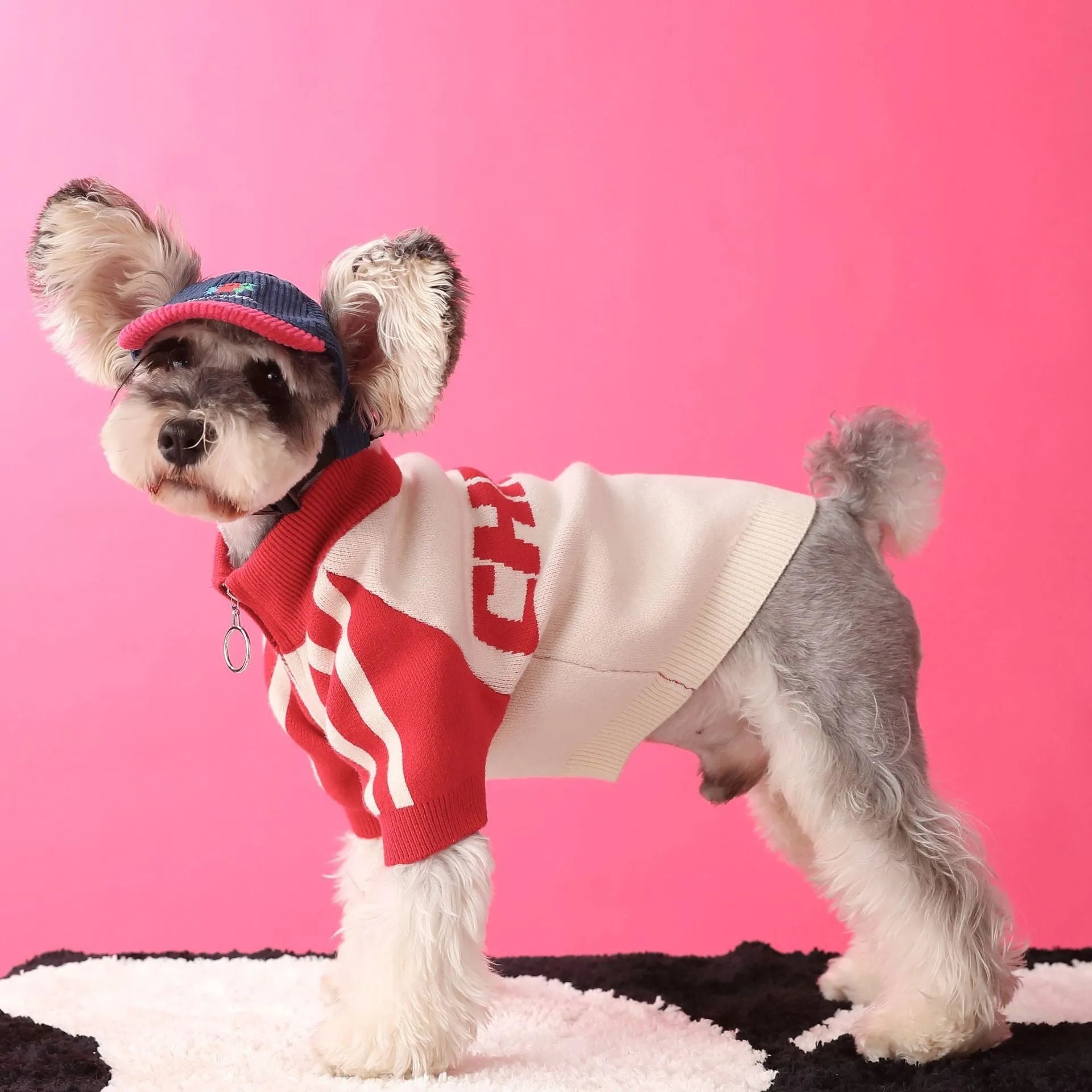 Red wool blend sports sweater cardigan for a medium-sized dog, shown on a mannequin.