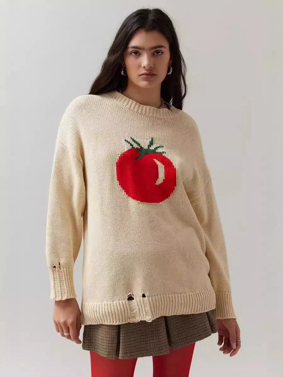 Women's loose-fit acrylic jacquard knit sweater with round neck and long sleeves in milky white
