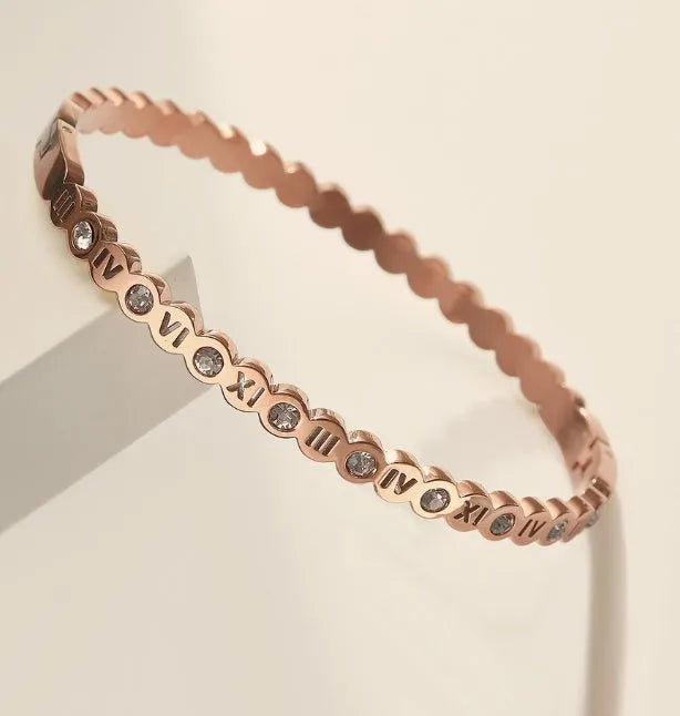 Korean style titanium steel bracelet with number charm in gold, rose gold or steel colour