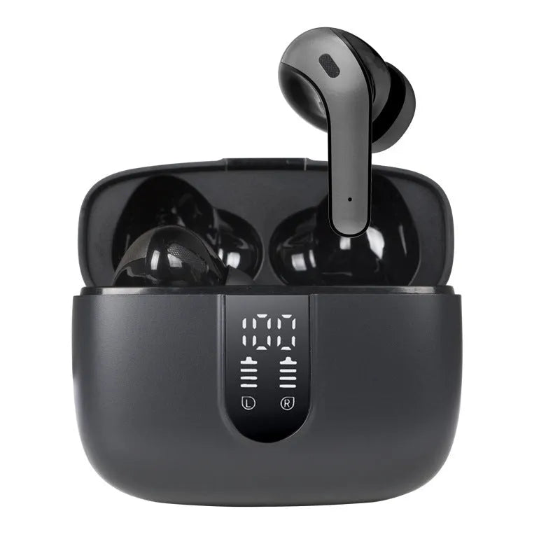 Jerry X08 black wireless Bluetooth headphones with charging case showing digital display subwoofer fourth generation technology