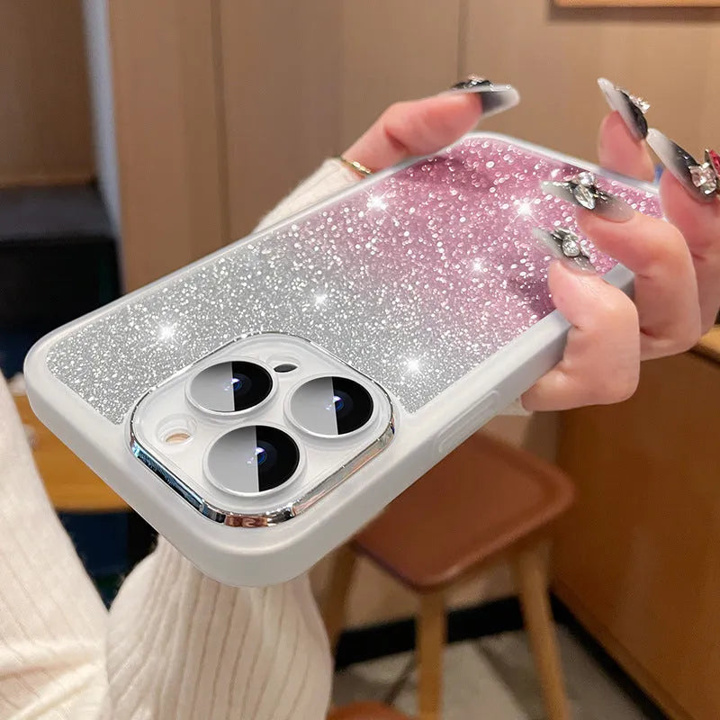 Transparent glitter iPhone case showing gradient colour and TPU rubber construction