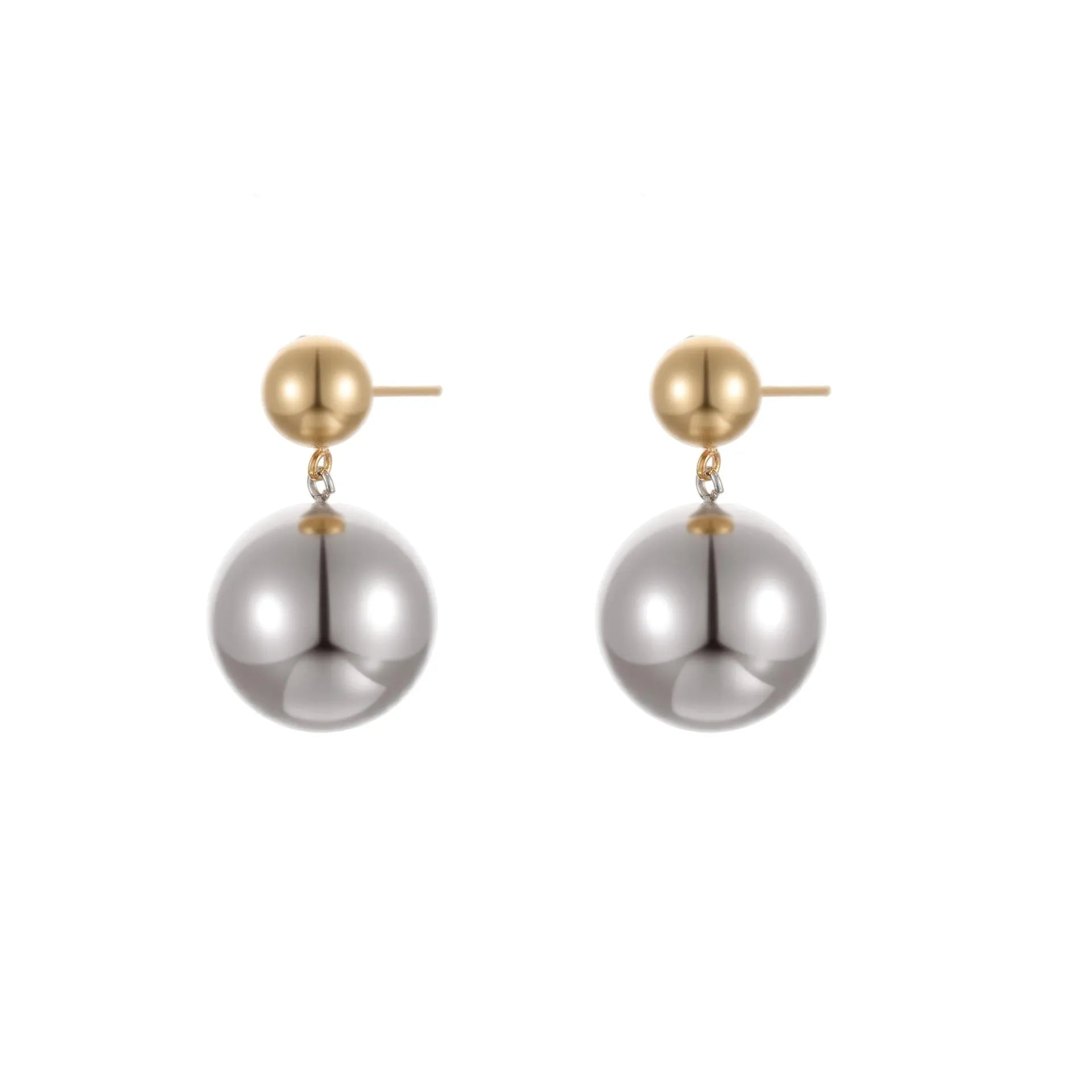 A pair of geometric round bead ear studs with a colour-block finish on stainless steel.
