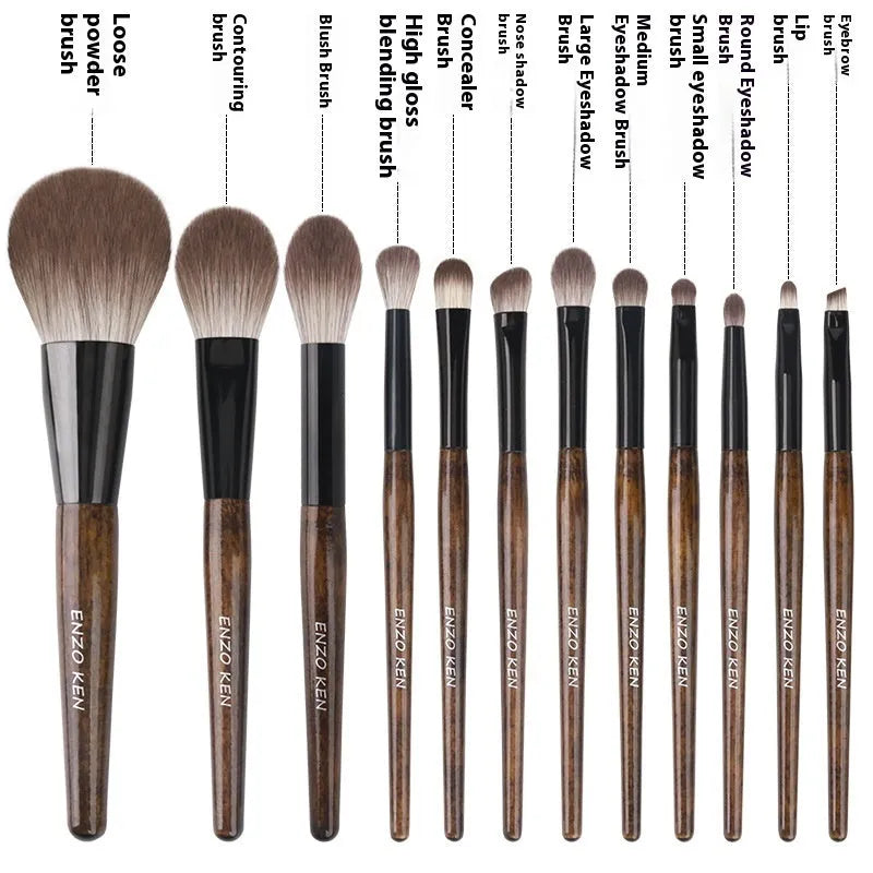 12-piece makeup brush set with wooden handles in portable PU carrying case