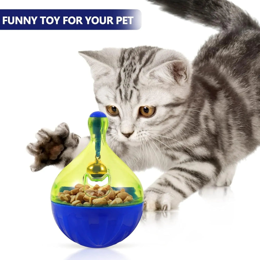Blue tumbler-shaped pet treat dispenser ball for dogs cats slow feeding toy