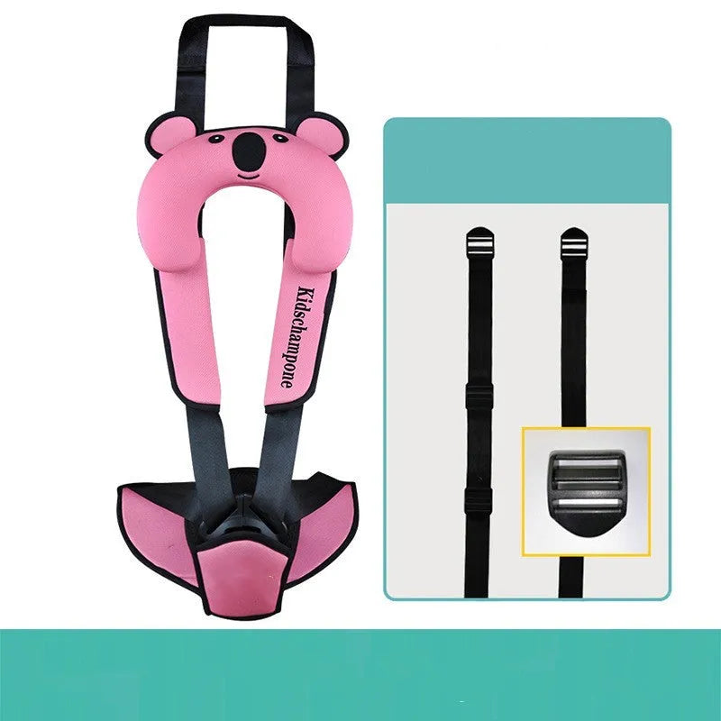 Portable child seat belt retainer in rose pink measuring 33x22x9.5cm for children 12-36kg