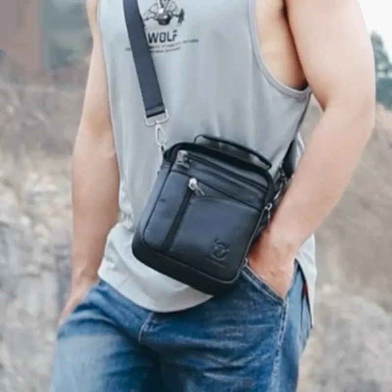 Men's black genuine leather shoulder messenger bag with retro styling