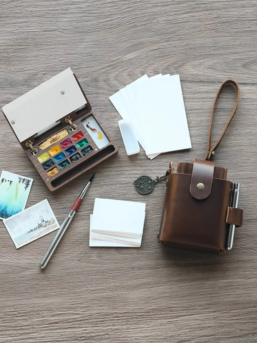 Miniature walnut wood watercolour paint box with professional pigment suits including German Schminke and Holbein colours