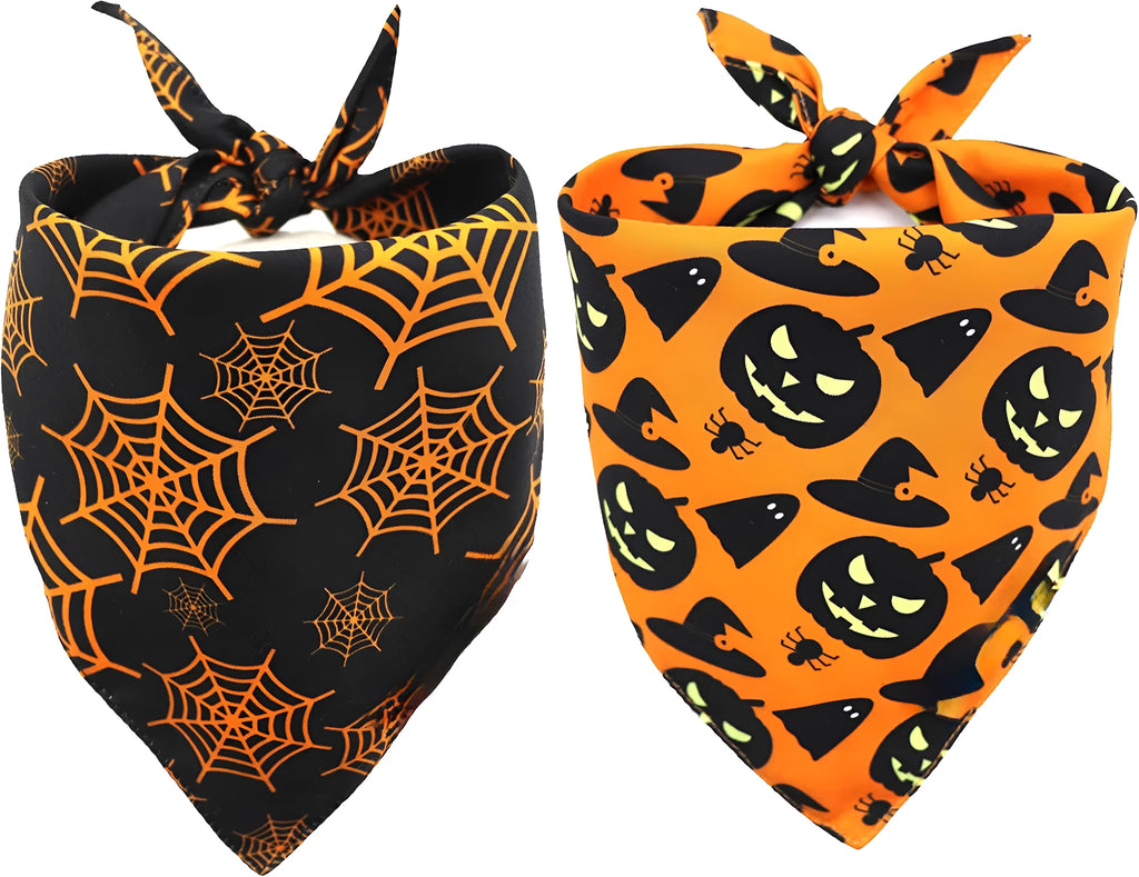 Reversible Halloween dog bandana with pumpkin and spider web designs in black and orange colours