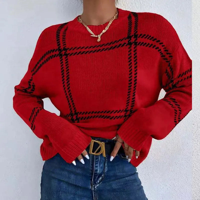 Women's loose fit plaid colour-block acrylic sweater with crew neck in striped apricot, black, beige, red, and green design.