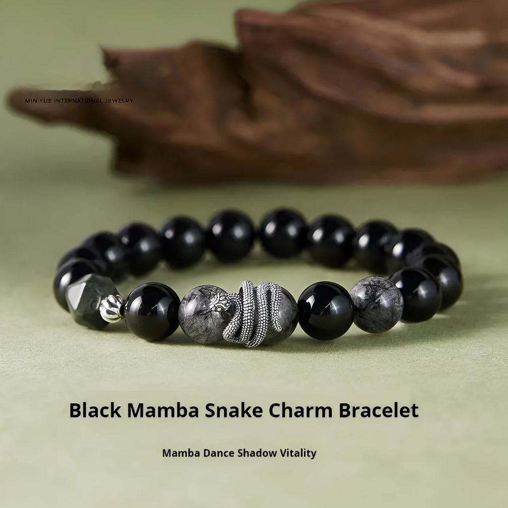 Men's S925 sterling silver snake bracelet with obsidian black crystal and retro zodiac design