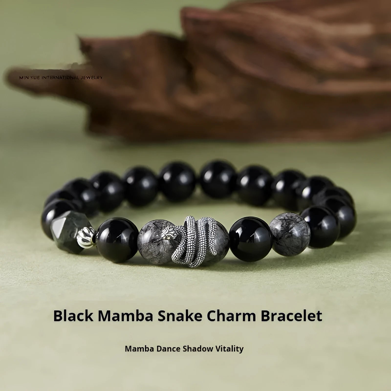 Men's S925 sterling silver snake bracelet with obsidian black crystal and retro zodiac design