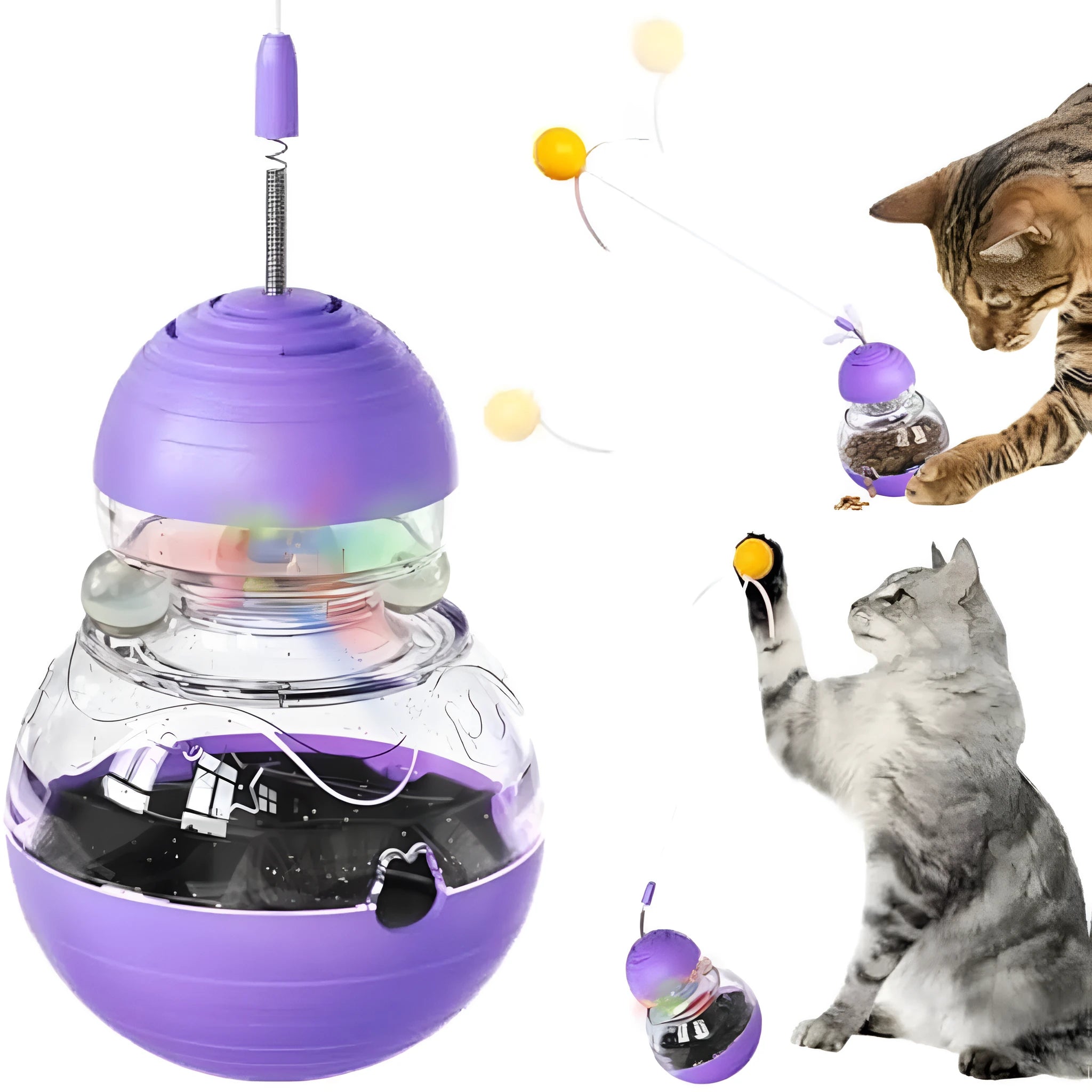 Pink, purple, and yellow tilting cat interactive toy with a bouncing teaser wand and built-in slow feeder.