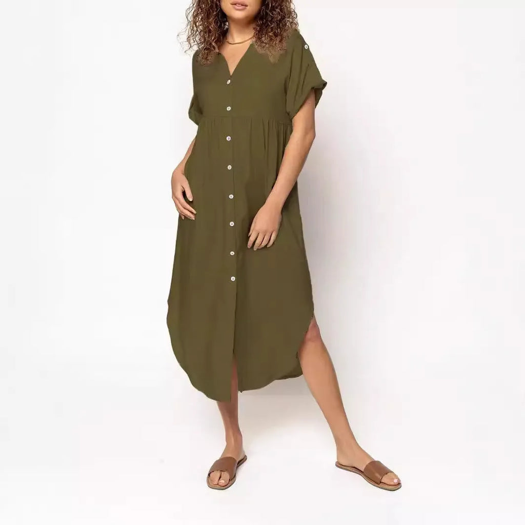 Loose fit casual dress with button front in mid-length design available in multiple solid colours
