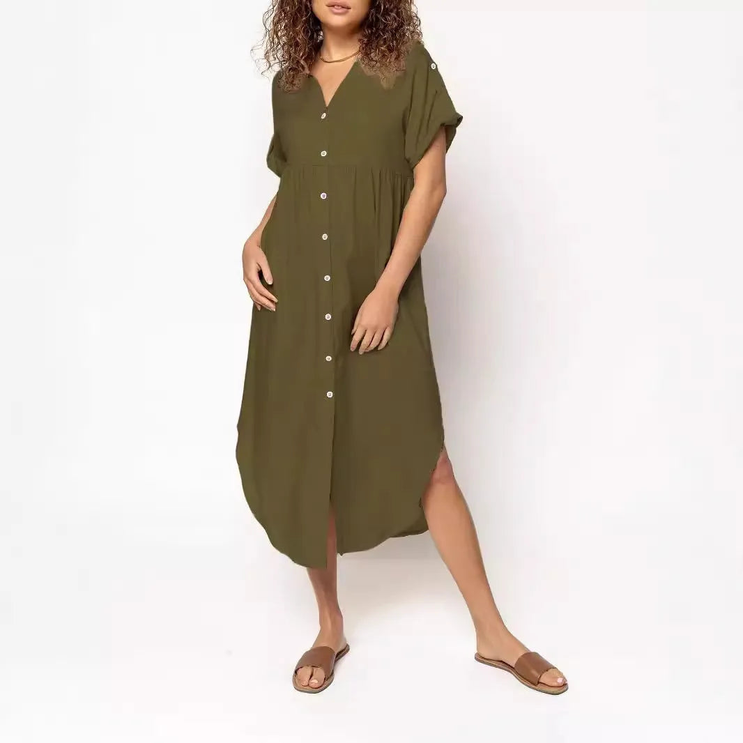Loose fit casual dress with button front in mid-length design available in multiple solid colours