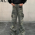 Korean-style camouflage cargo trousers in cotton-blend fabric with multiple pockets.