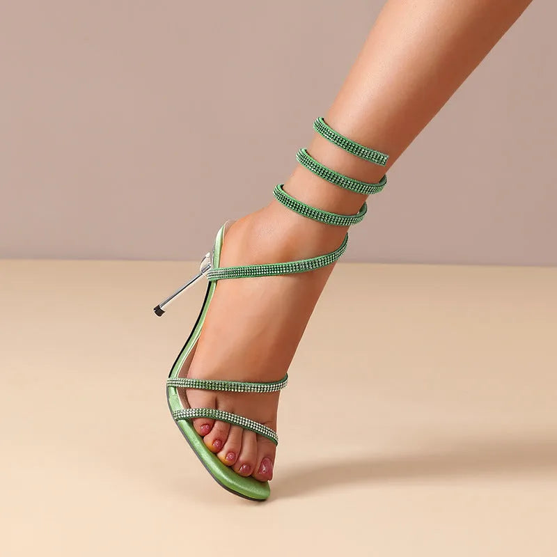Rhinestone snake-shaped winding tape hollow stiletto heel sandals for women, square toe, PU upper, black colour