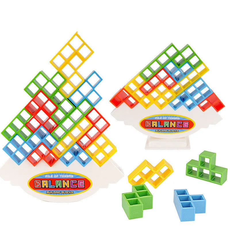 Balance stacking game with 16 plastic building blocks, chassis, and base on a table