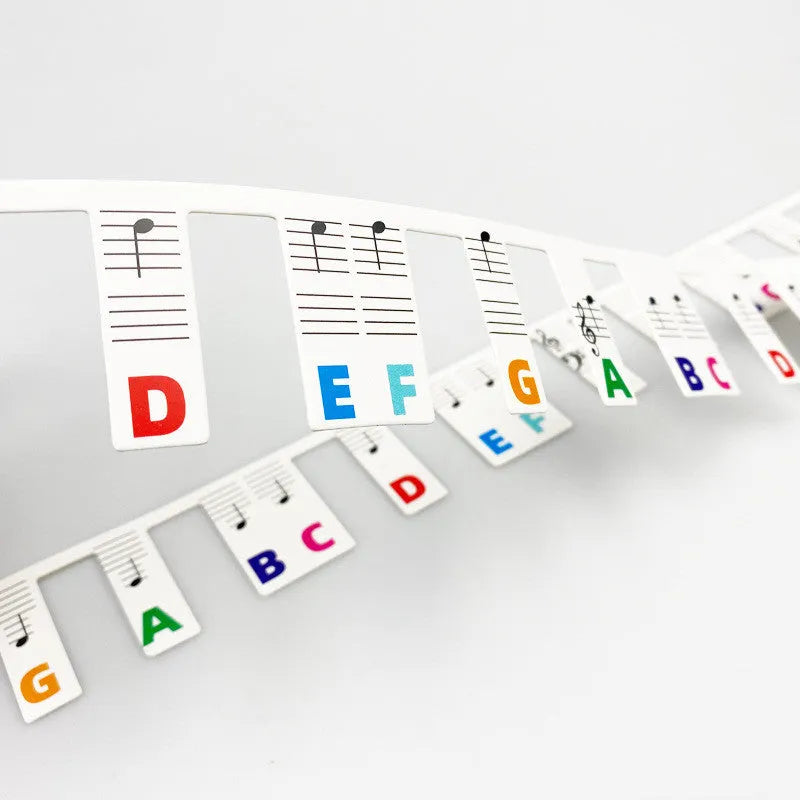 Set of white cardboard piano note stickers for 88-key keyboard, showing colour bars or black notes option.