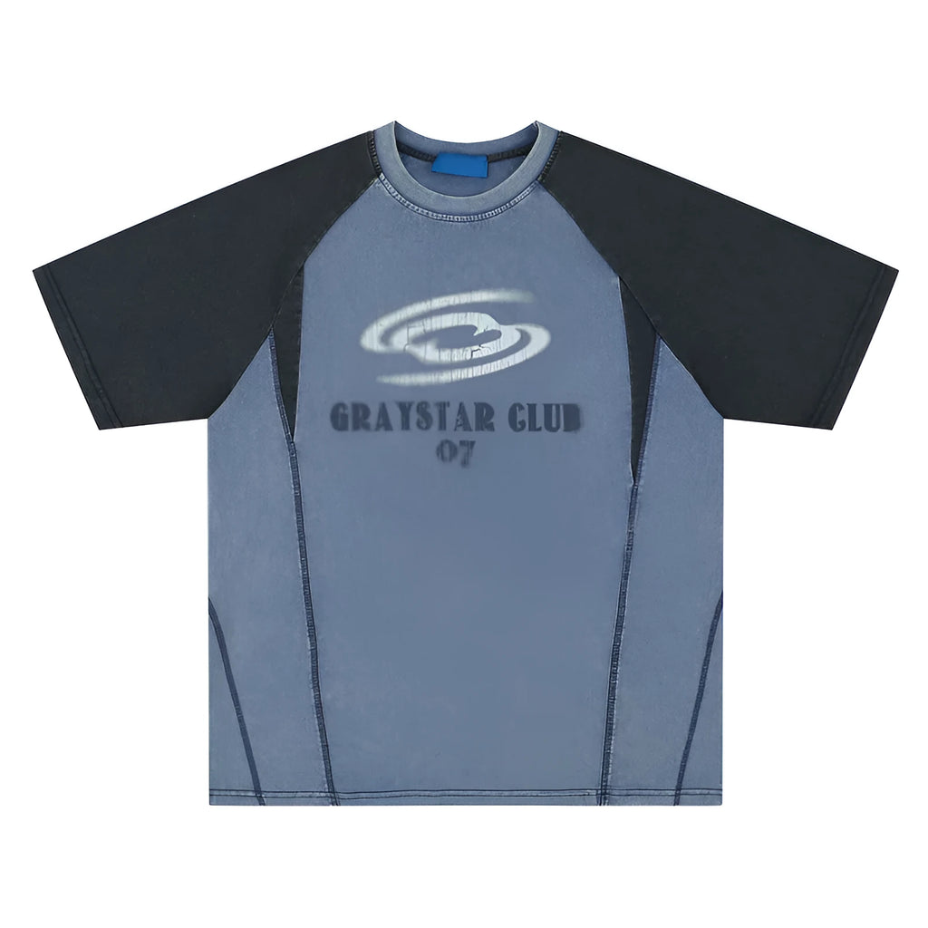 Men's blue hip hop letter print t-shirt with raglan sleeves and loose fit casual style