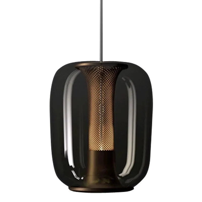 Minimalist Nordic single-light pendant chandelier with glass shade in smoke grey, cognac, or clear colour.