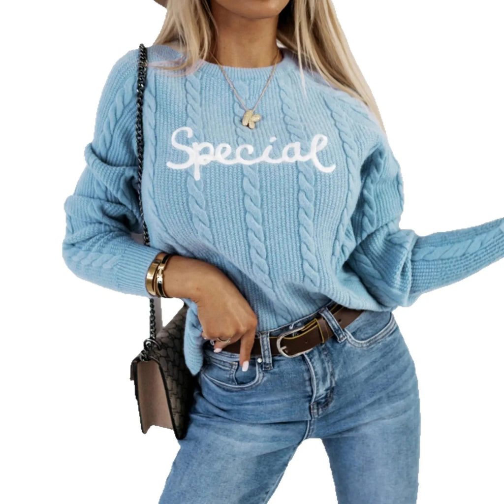 Blue leisure pullover with embroidered letters on the chest, crew neck design.