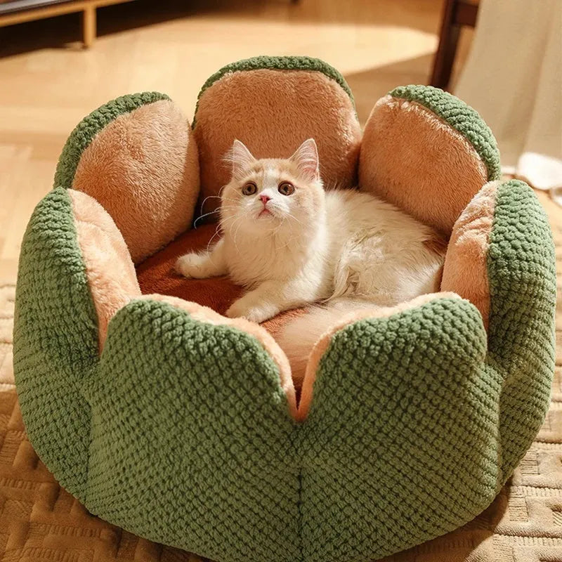 Green enclosed pet bed with cactus petal shaped opening and soft plush fabric