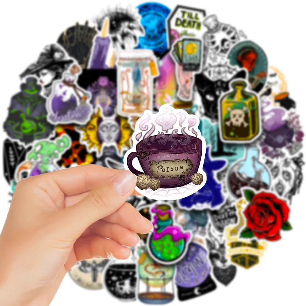 Pack of 50 assorted glossy PVC stickers in sizes from 3cm to 8cm for laptops and smooth surfaces.