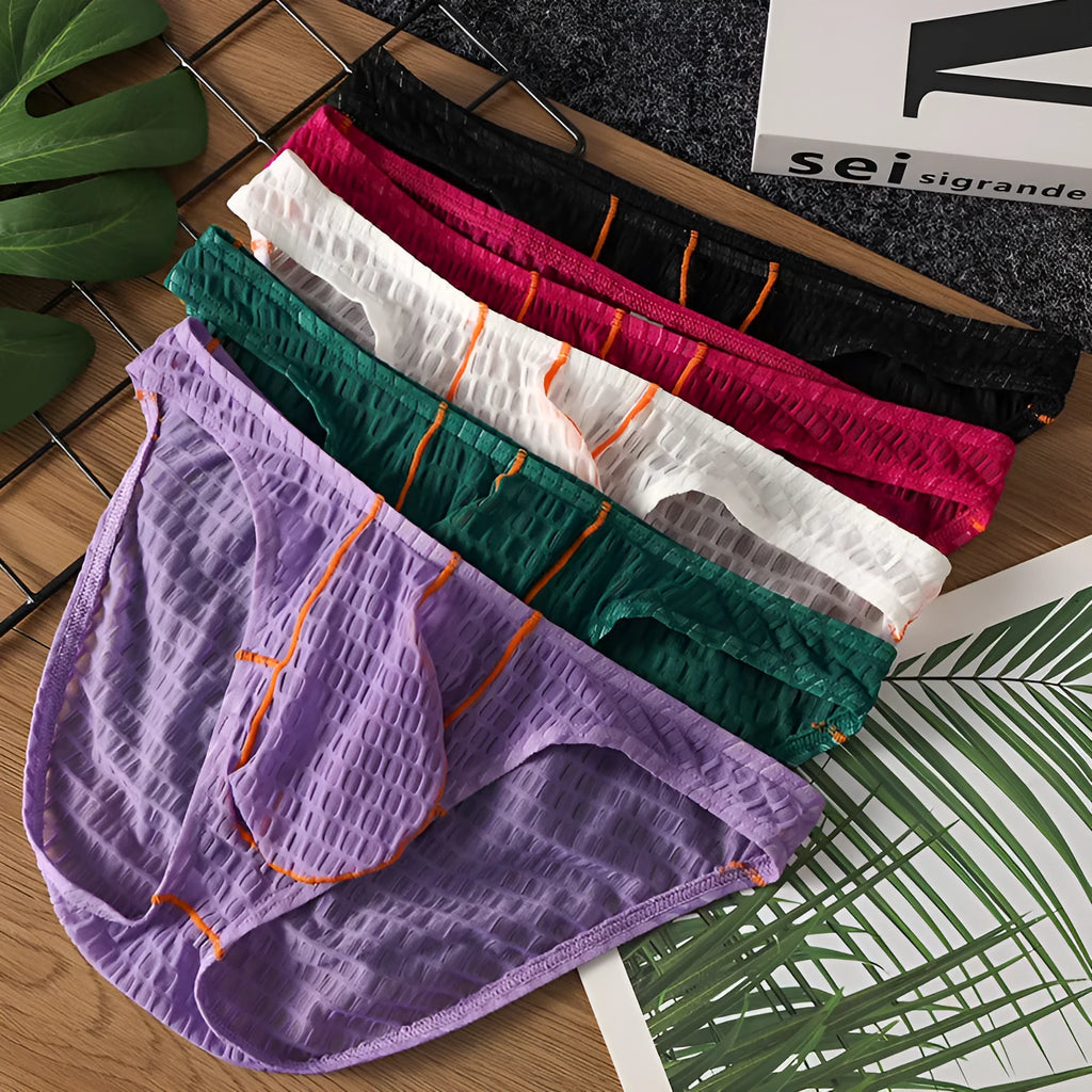 Men's ice silk lace low waist briefs for sports in solid colours.