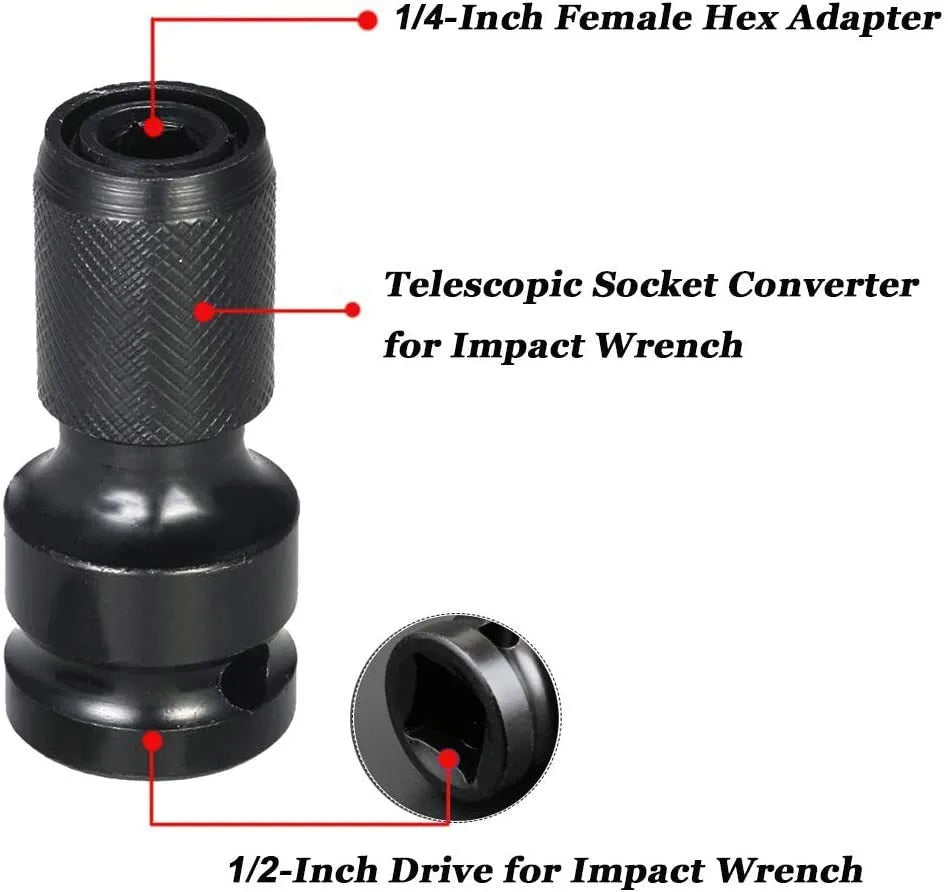 Telescopic 1/2-inch to 1/4-inch socket adapter with hexagonal handle and extension sleeve